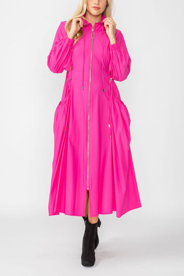 Pink Draw Stand Collar Side Drawed Shirring Long Jacket